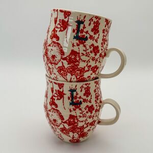 ANTHROPOLOGIE Monogram Mug Coffee Cups Set of 2 Letter L Red Floral Ceramic